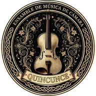 Sello del Ensamble Quincunce: un violín entre ramas y la leyenda «Ensamble de música de cámara»
